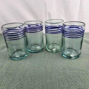 Blue & Clear Swirl Mexican Glasses Tumblers  4 Cobalt  Hand Blown Spiral